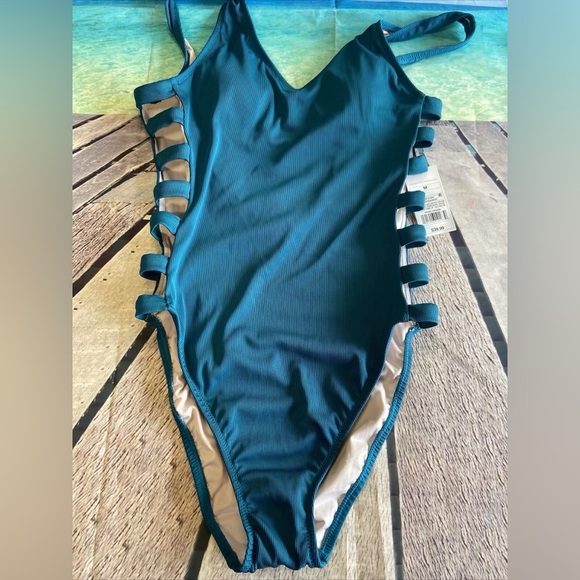 Women's Ribbed Strappy Side One Piece Swimsuit - Shade & Shore, Ocean Blue Teal - Picture 5 of 6